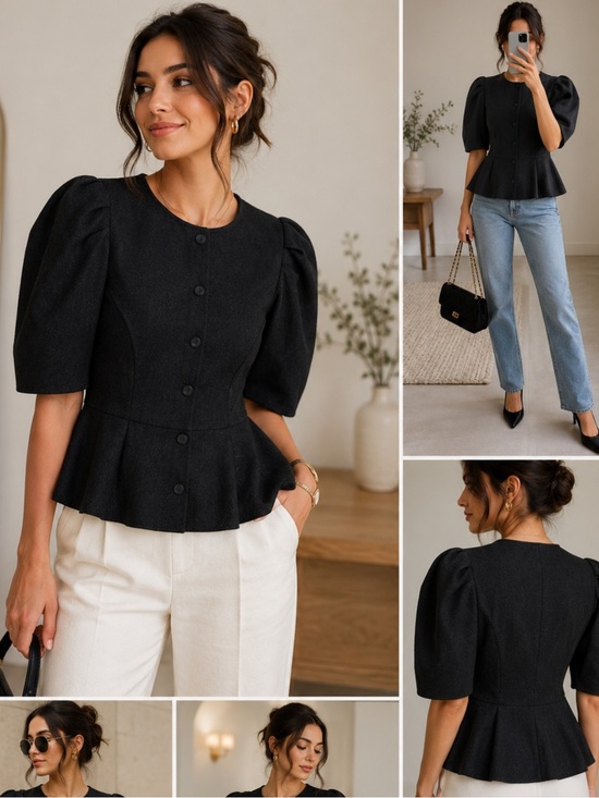 Zara Tops - Zara Black Button-Front Puff Sleeve Top